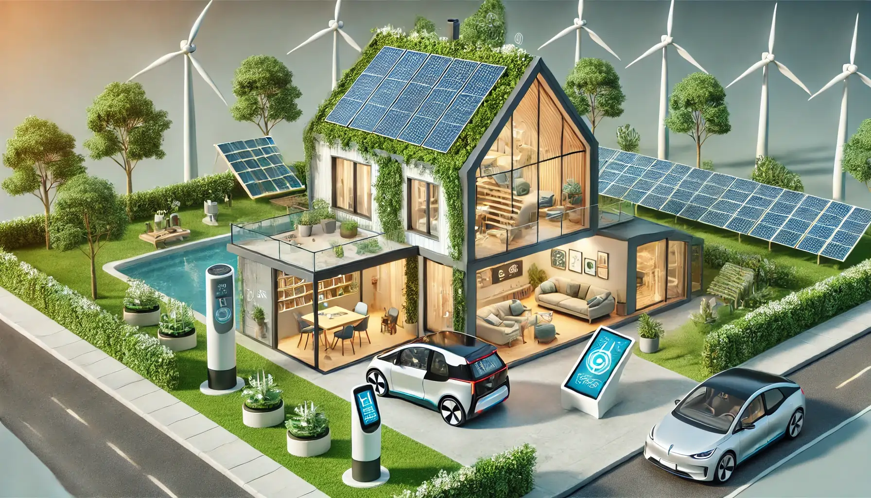 Futuristic eco-friendly house with solar panels on the roof, surrounded by greenery, featuring smart home devices inside, and an electric car charging in the driveway. A wind turbine and a vertical farm are visible nearby, illustrating various aspects of sustainable living and technology