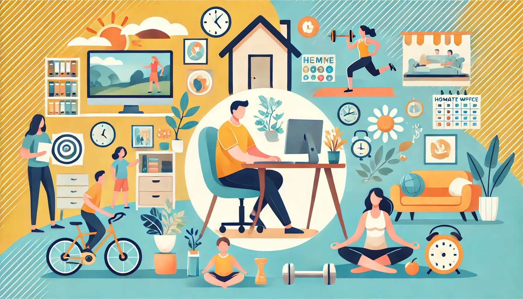 A person enjoying the benefits of remote work for work-life balance, working from home at a desk with a laptop while also engaging in personal activities like spending time with family, exercising, and relaxing in a cozy home office setup